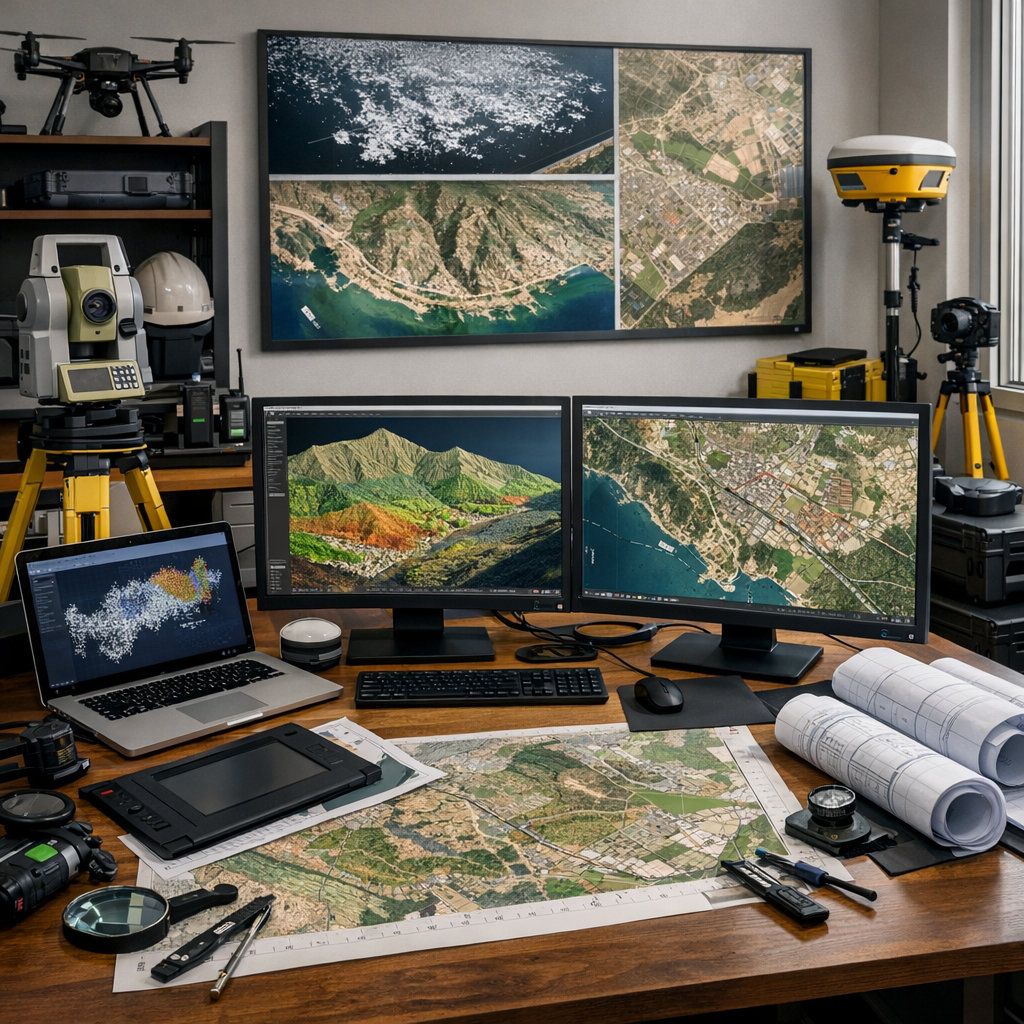 Professional geomatics office workspace with precision mapping equipment and project coordination materials